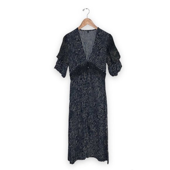 bl^nk Maxi Dress Statement Puffy Sleeves Plunging Neckline Blue Grey  Size Small - Picture 1 of 13